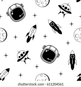 Cosmic seamless pattern.Vector print with rocket,moon,star and space suit.Textile texture