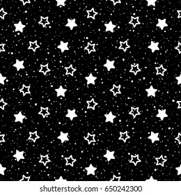 Cosmic seamless vector background. Simple star shapes and spray, splash, tiny dots, specks, flecks texture. Black and white monochrome template. Night sky with stars.
