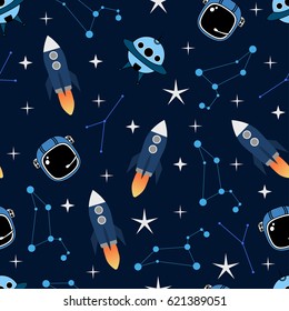 Cosmic seamless vector pattern.Colorful astronomy background with rocket,star and constellation.Textile texture