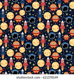  Cosmic seamless vector pattern.Colorful vector background with rocket,star and moon.Textile texture