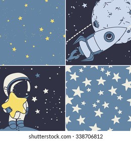 cosmic set: astronaut, rocket and starry seamless backgrounds, vector illustration