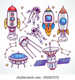 cosmic set with cute rockets and astronauts. hand-drawn illustration