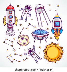 cosmic set with cute rockets and astronauts. hand-drawn illustration
