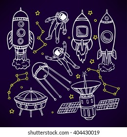 cosmic set with cute rockets and astronauts. hand-drawn illustration