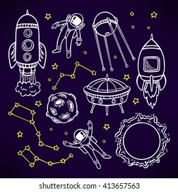 cosmic set with cute rockets and astronauts. hand-drawn illustration