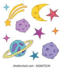 Cosmic set of heavenly bodies from planets, comets, stars and crescents vector illustration