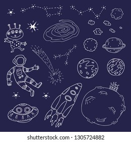 Cosmic set. Outline vector illustration of astronaut, spacecraft, planets, moon, alien, constellations, comet.