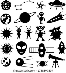 A cosmic set of planets, aliens, and ships. Vector illustration on the theme of space.