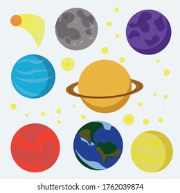 cosmic set of planets, stars, constellations and comets on a white background. A set of colored cartoon images of Mars, Saturn, earth, and other planets. For children's books, postcards, stickers