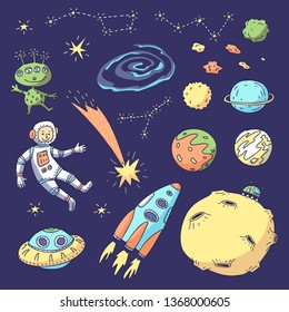 Cosmic set. Vector illustration of astronaut, spacecraft, planets, moon, alien, constellations, comet.