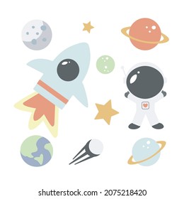 Cosmic set. Vector illustration isolated on a white background in the cartoon style . Cosmonaut, planets, satellite, spaceship, star.