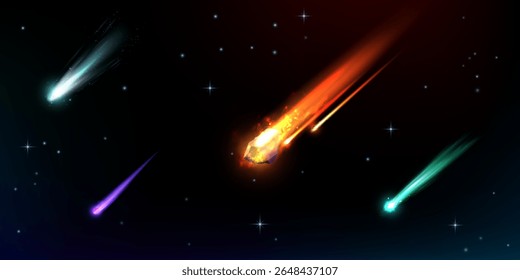 Meteorito de tiro cósmico no espaço. Caindo asteroide ou cometa cores diferentes com trilha de fogo no céu estrelado. Ilustração realista do vetor 3D de meteoros voadores de alta velocidade. Rocha ardente astronômica