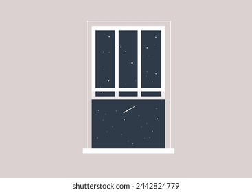 Cosmic sky Through the Pane, Glimpses of shooting stars dart beyond a calm window view