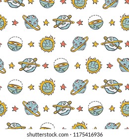 Cosmic Solar System Fantasy Space Background Seamless Vector Pattern,Drawn Galaxy Cartoon, Planet Stars Sun, Trendy Fashion Print, Child Room Decor, Kids Travel Adventure Backdrops, Sky Science Art  