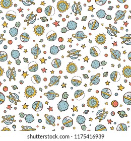 Cosmic Solar System Fantasy Space Background Seamless Vector Pattern, Drawn Galaxy Cartoon, Planet Stars Sun, Trendy Fashion Prints, Boy Room Decor, Kids Travel Adventure Backdrops, Sky Science Art  