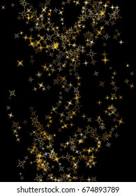 Cosmic space abstract vector background with gold star elements. Glitter confetti, magic shining sparkles design. Decorative pattern on black with golden night sky objects, yellow tinsels.