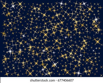Cosmic space abstract vector background with gold star elements. Glitter confetti, shining sparkles pattern design on dark blue. Flying yellow stars backdrop.