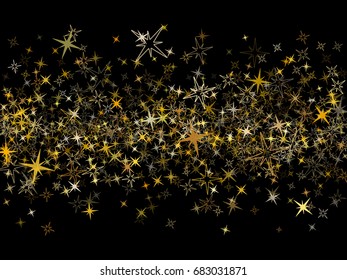 Cosmic space abstract vector background with gold star elements. Glitter confetti, magic shining sparkles design. Decorative astral pattern on black with golden night sky objects. Gold stars.