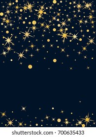 Cosmic space abstract vector background with gold star elements. Glitter confetti, magic shining sparkles design. Decorative pattern with golden night sky objects, yellow tinsels, gold stars falling.