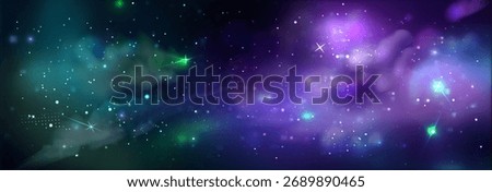 Cosmic space background with planet and nebula clouds for galaxy wallpaper. Purple, green and blue stellar formations with twinkling stars and gas clusters. Deep universe panorama for astronomy