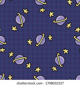 Cosmic space background seamless vector pattern. Hand drawn galaxy cartoon, planets, stars for trendy fashion prints. Child room decor, kids universe travel backdrop. Solar system all over print. 