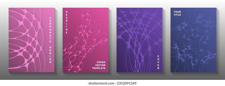 Cosmic space concept abstract vector covers. Marble curve lines flow backdrops. Flat cover vector templates. Science fiction cover pages graphic design set.
