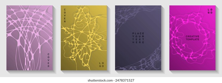 Cosmic space concept abstract vector covers. Overlapping waves plexus textures. Flat banner vector layouts. Science fiction cover pages graphic design set.