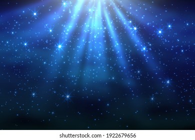 Espacio cósmico fondo del cielo oscuro con brillantes estrellas nebulosas azul en la ilustración vectorial nocturna.