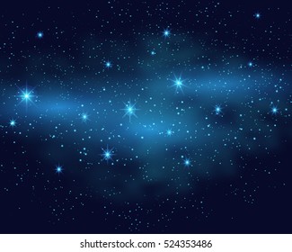 Cosmic space dark sky background with blue bright shining stars nebula at night vector illustration.