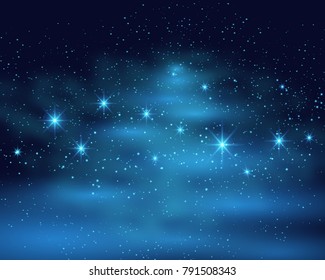 Cosmic space dark sky background with blue bright shining stars nebula at night vector illustration.
 