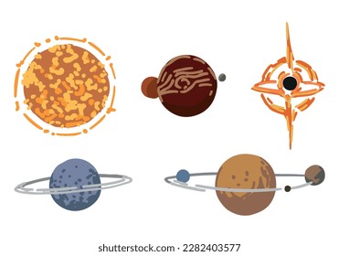 Cosmic space doodles set. Cartoon drawings of different planets. Astronomy science colored clipart. Hand drawn vector illustration isolated on white..