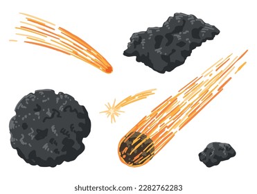 Cosmic space doodles set. Cartoon drawings of meteor, comets, asteroids. Astronomy science colored clipart. Hand drawn vector illustration isolated on white..