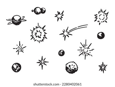 Cosmic space doodles set. Outline drawings of planets, stars, comet. Simple astronomy sketches. Hand drawn vector illustration isolated on white..