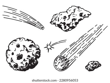 Aparecieron garabatos espaciales cósmicos. Dibujos de esquema de meteoros, cometas, asteroides. Dibujos científicos de astronomía. Ilustración vectorial dibujada a mano aislada en blanco.