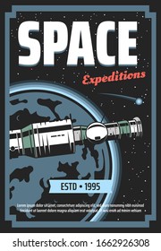 Cosmic space expeditions, galaxy exploration and shuttle or rocket travel adventure poster. Vector futuristic technology, spaceship rocket in outer space universe, galaxy trips to Moon and Saturn