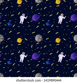 Cosmic space in flat style seamless pattern. Cosmic Promotion. Cosmonaut in space. Vector illustration