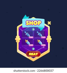 Cosmic Space Galaxy Gem Icon Pop Up Window Shop Swords Four Items Badge In Golden Border Purple With Stars , Ribbon Cute Fantasy Colorful Vector Design