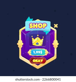 Cosmic Space Galaxy Gem Icon Pop Up Window Shop Crown One Item Badge In Golden Border Purple With Stars , Ribbon Cute Fantasy Colorful Vector Design