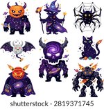 Cosmic space galaxy halloween monsters set icon sheet with nebula, constellations, pumpkin planet, wizard, spider web, cat, and skull isolated on white background.