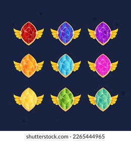 La Galaxia Del Espacio Cósmico Coloca Icono De Gemas En Diferentes Colores Ovalados En El Borde De La Vintage Dorada Con Estrellas Y Alas Doradas Cuidada Fantasía Diseño Vector Colorido