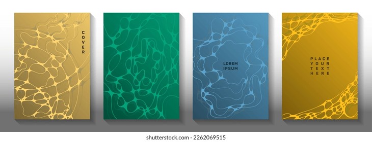 Cosmic space idea abstract vector covers. Curly waves surface textures. Openwork banner vector layouts. Hi tech cover pages graphic design set.