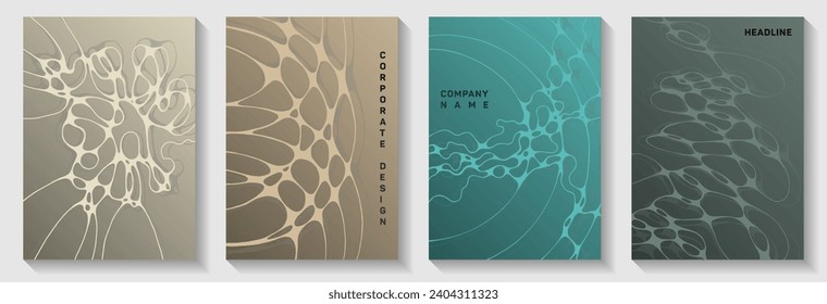 Cosmic space idea abstract vector covers. Linked curve lines net backgrounds. Vibrant magazine vector templates. Engineering cover pages graphic design set.