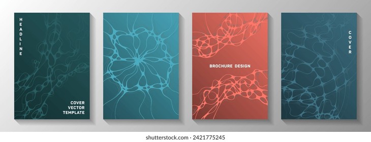 Cosmic space idea abstract vector covers. Dynamic waves fusion textures. Vivid magazine vector layouts. Radio physics cover pages graphic design set.