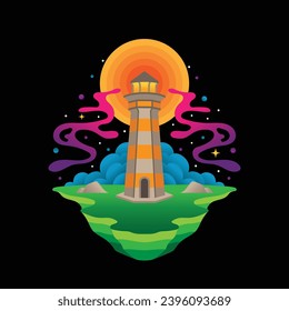 Cosmic Space Lighthouse, Colorful Artwork