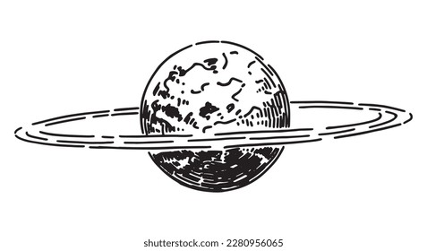 Cosmic space object doodle. Outline drawing of planet with rings. Astronomy science sketch. Hand drawn vector illustration isolated on white..