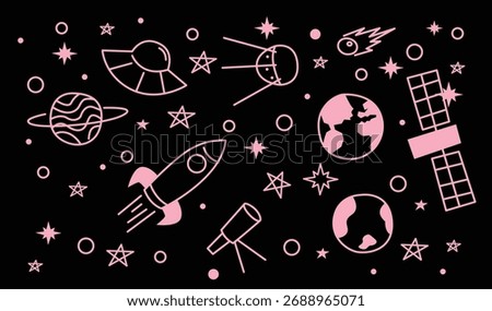 Cosmic Space Pattern with ufo, satellite, planet, and comet in the dark background