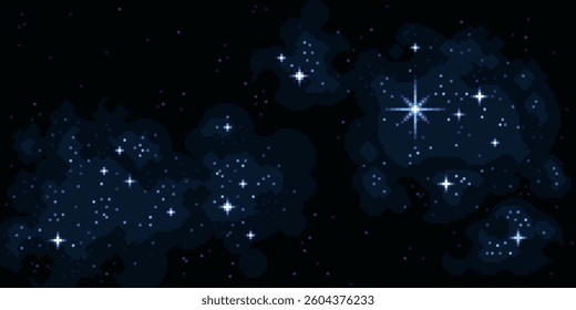 Cosmic space pixel art landscape. Starring night scenery.  8 bit. Game development, mobile app. Isolated vector illustration.