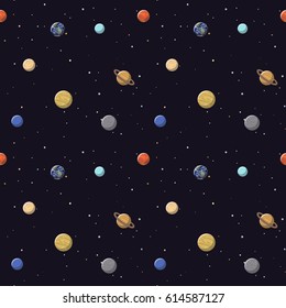 Cosmic space - seamless background. Vector endless pattern. Astronomical ornament with the planets of the solar system.