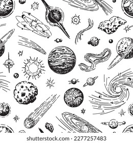 Cosmic space seamless pattern. Abstract ornament of planets, stars, comets, asteroids, galaxies. Hand drawn vector astronomy illustrations..