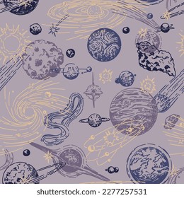 Cosmic space seamless pattern. Abstract ornament of planets, stars, comets, asteroids, galaxies. Hand drawn vector astronomy illustrations..
